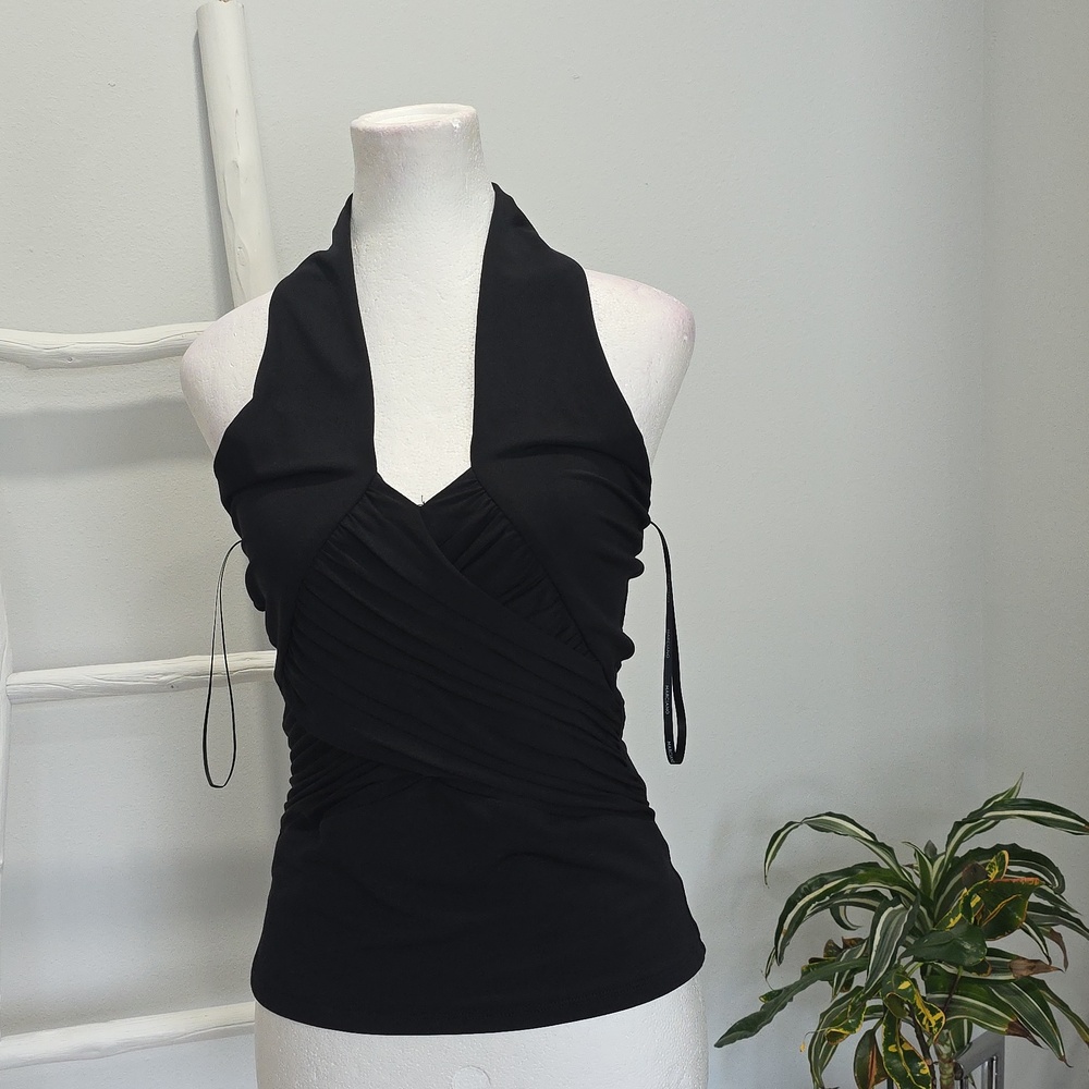 Black Halter Wrap-Front Pleated Tank Top